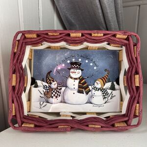 Holiday Basket Red & White with Snowmen Tile Inlay LET IT SNOW Winter Decor